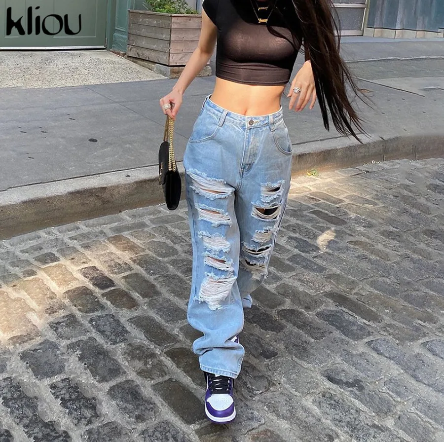 Kliou женские рваные джинсы большого размера Осенние повседневные широкие брюки со