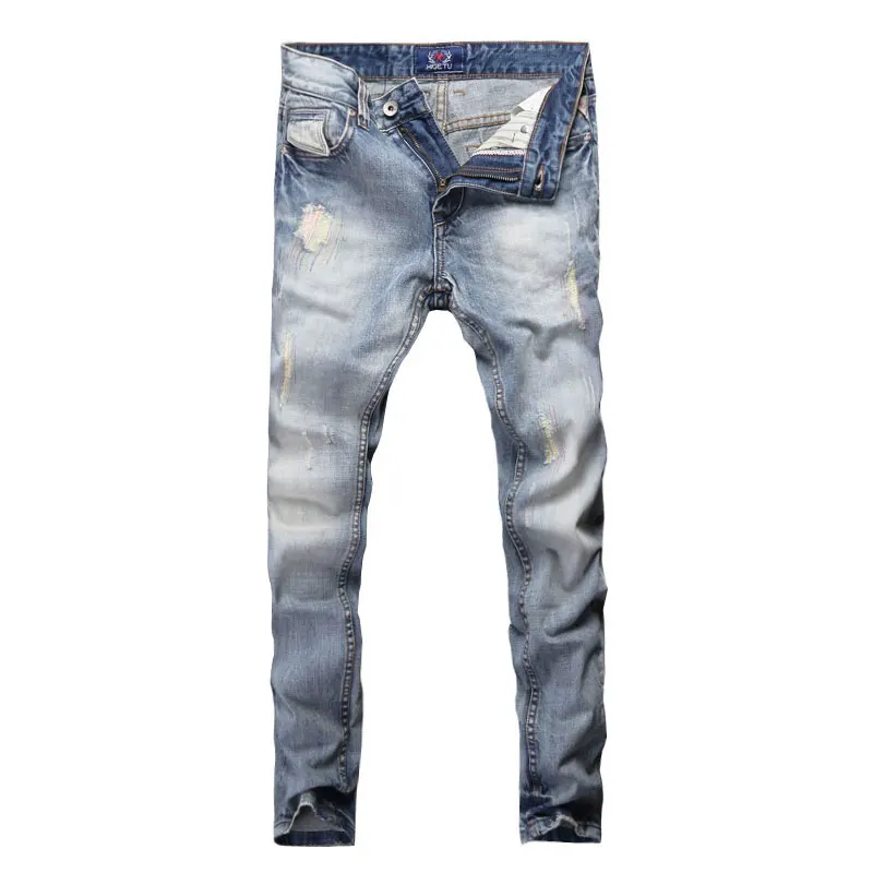 European Street Fashion Men Jeans Retro Light Blue Slim Fit Ripped Jeans Men Korean Embroidery Designer Vintage Denim Pants