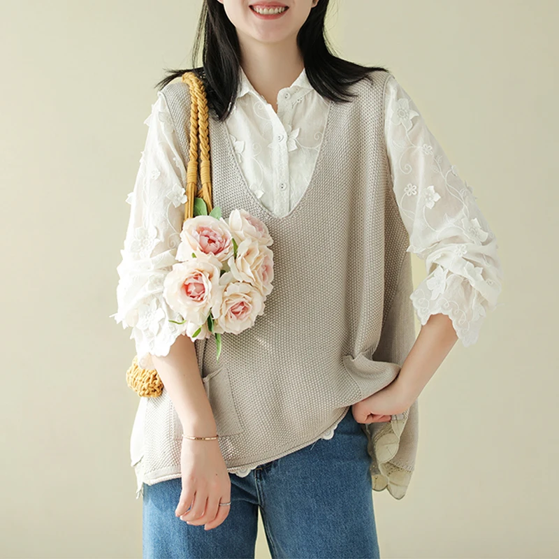 Женский винтажный свитер Johnature вязаный Однотонный большого размера с