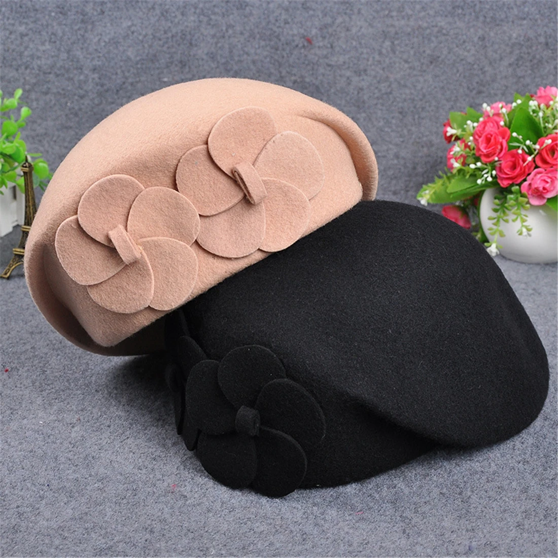 

Adjustable Women cap Double Flowers decor elegent Soft Woolen cap Artist Beret solid color Hat comfort lady Beanie Cap