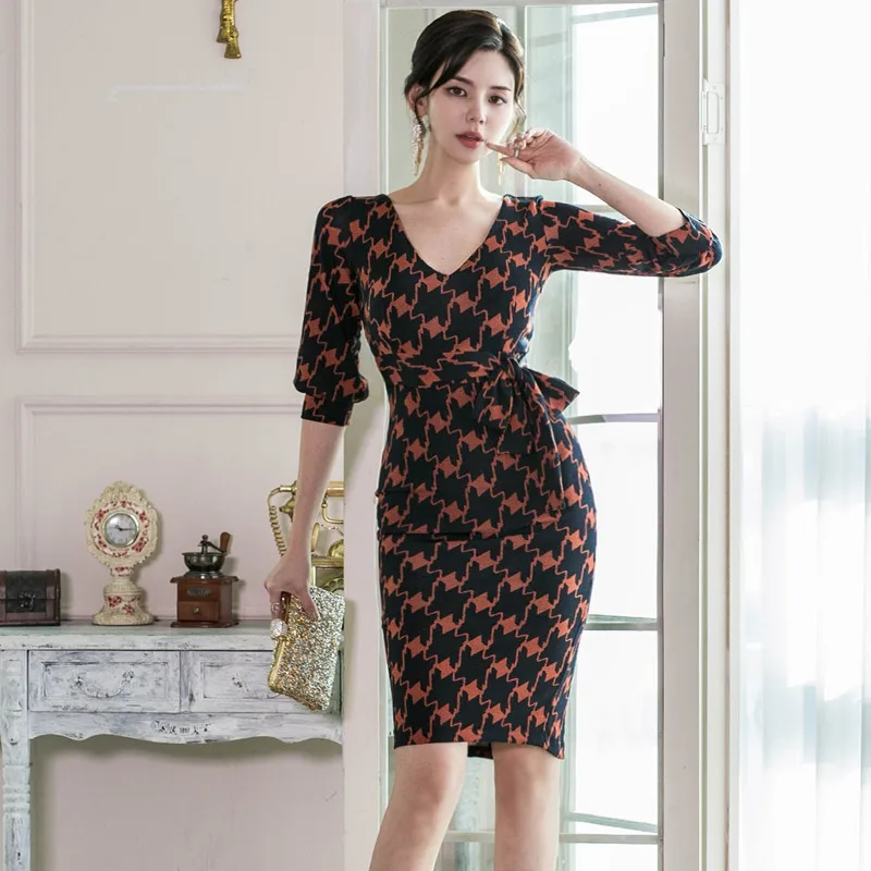 

Office Summer Fashion Dress korean ladies one piece korean ladies Half SLeeve V neck Nighlt Formal Party Dresses for women