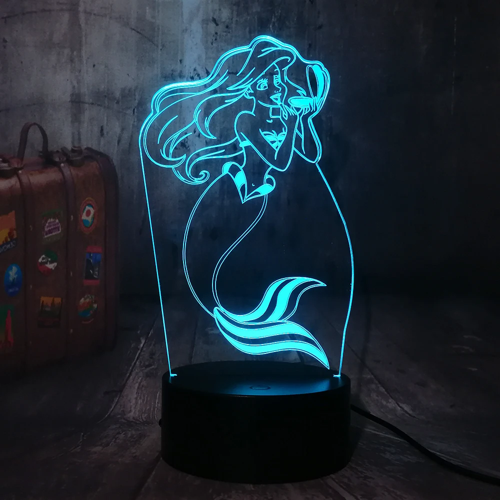Детский ночник Русалочки 7 цветов меняющий цвет светодиодный 3D светильник