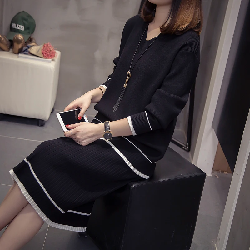 Вязаный свитер платье пуловер Женская зимняя одежда негабаритный осень 2019 v шеи