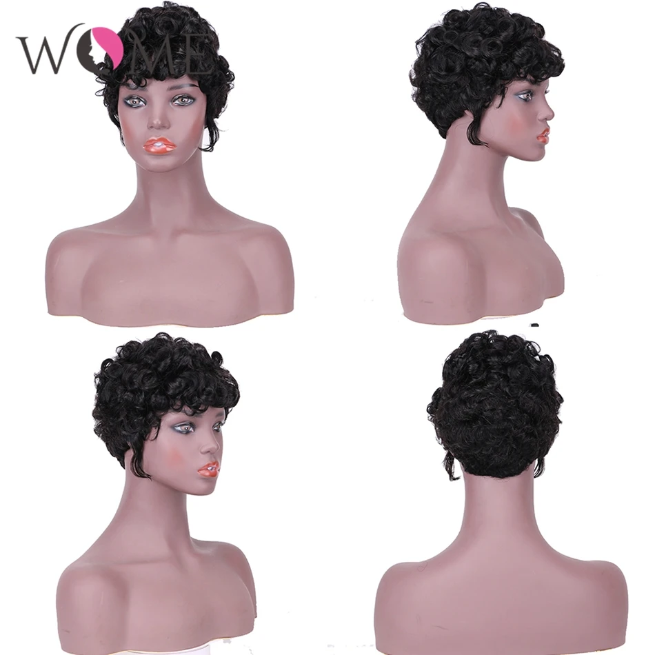 

WOME Short Fantasy Wave Pixie Cut Wigs for Black Women 100% Remy Brazilian Human Hair Wig Spiral Curl Natural Color Machine Made