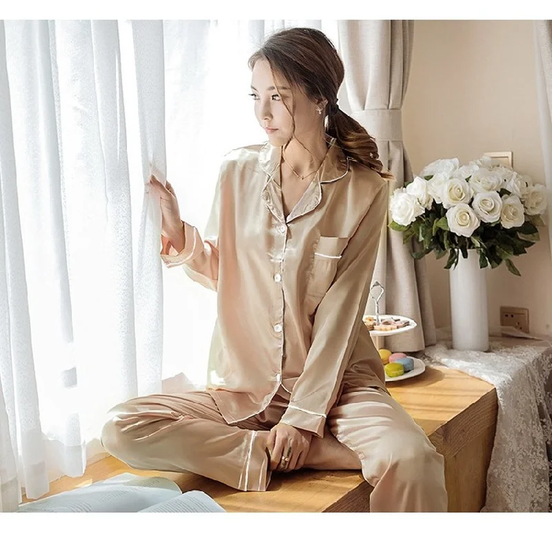 

Sexy pajamas women long sleeve thin silk large size summer ice silk loose fitting home suit spring and Autumn