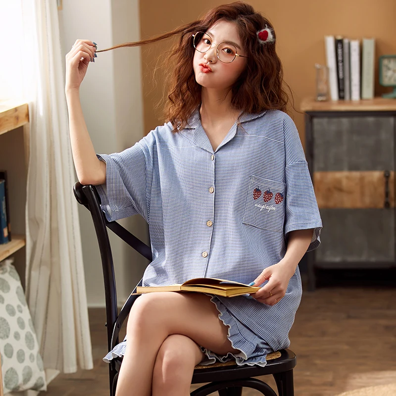 

Big Size Pajamas For Women 2Pcs Summer Cotton Pajamas Set Short-sleeve Casual Sleepwear Color Printed Button Femme Home Clothes