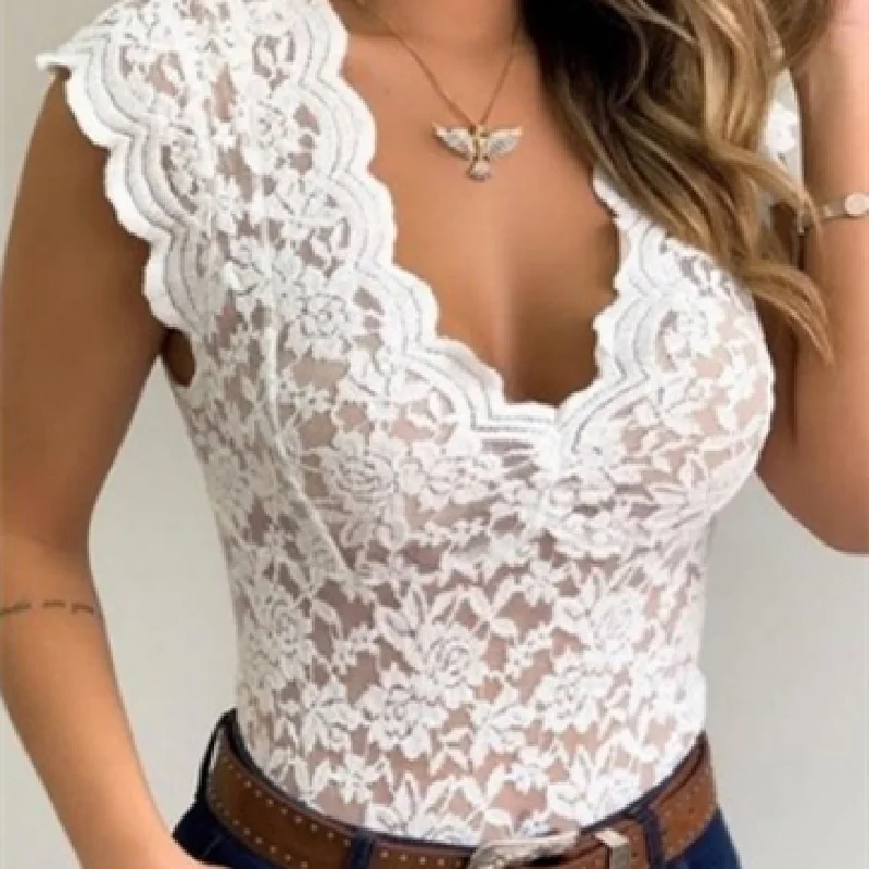 Женский кружевной топ с глубоким V-образным вырезом без рукавов | Женская одежда