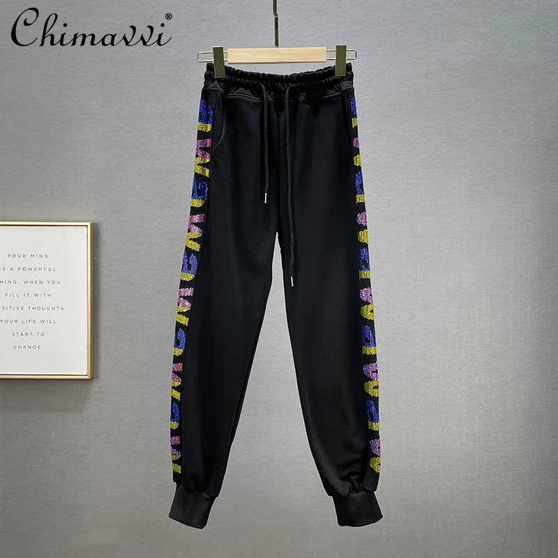 

Casual Sweatpants Women's 2021 Autumn New High Waist Loose Slim Trousers European Style Letter Hot Drilling Sports Jogger Pants