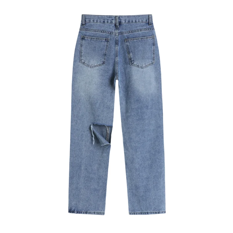 

2021 New Summer Women High Waist Straight Jeans Street Style Casual Ripped Hole Jeans Female Blue Washed Loose Pop Denim Pants