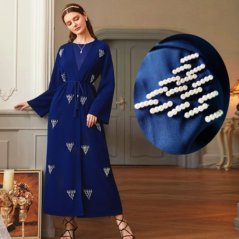 

Abaya женская мусульманская одежда, Кардиган темно-синего цвета с длинным рукавом, бисером, макси-халаты с высоким поясом, мусульманские Женск...
