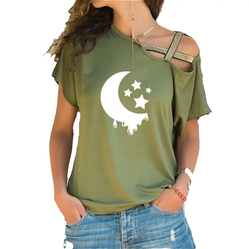 

Pastel Goth Moon With Stars print Summer Women Cotton Irregular Skew Cross Bandage Tshirt Plus Size