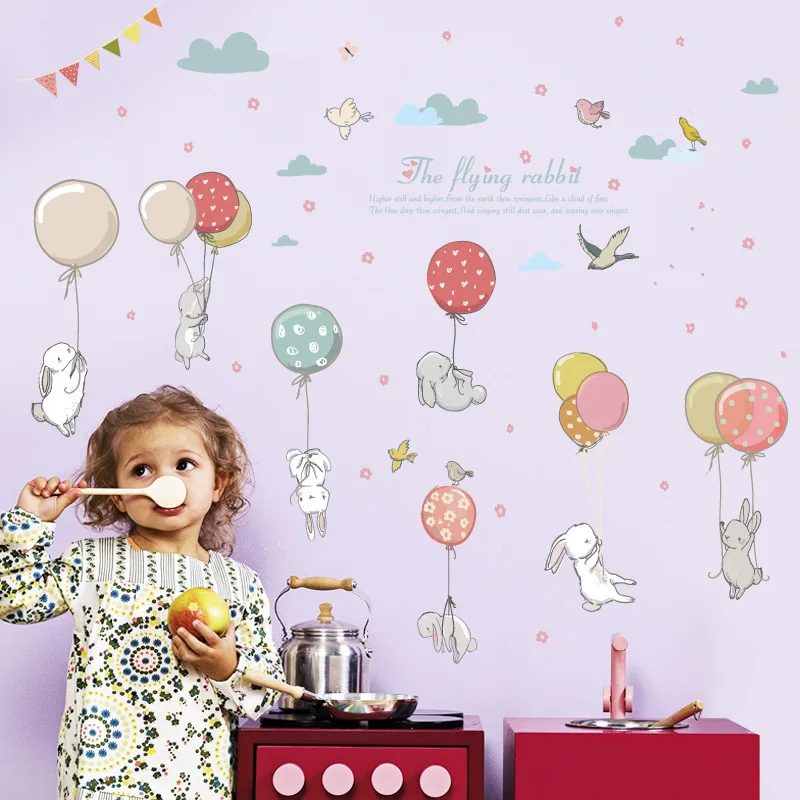 

Cartoon Clouds DIY Mural Cute Balloon Rabbit Bunny Wall Sticker For Kids Room Decor Furniture Wardrobe bedroom Living Room Decal