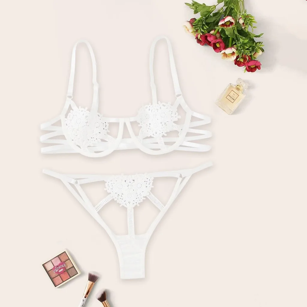 

Hot White Women Sexy Lingerie Set Lace Transparent Bra And Panty Set Intimates 2020 Underwear Flower Bra Set G-string Thong