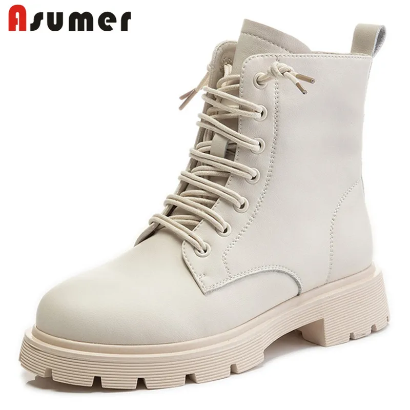 

Asumer 2022 New Arrive Genuine Leather Boots Women Shoes Lace Up Zip Autumn Winter Fashion Cool Flat Shoes Women Ankle Boots