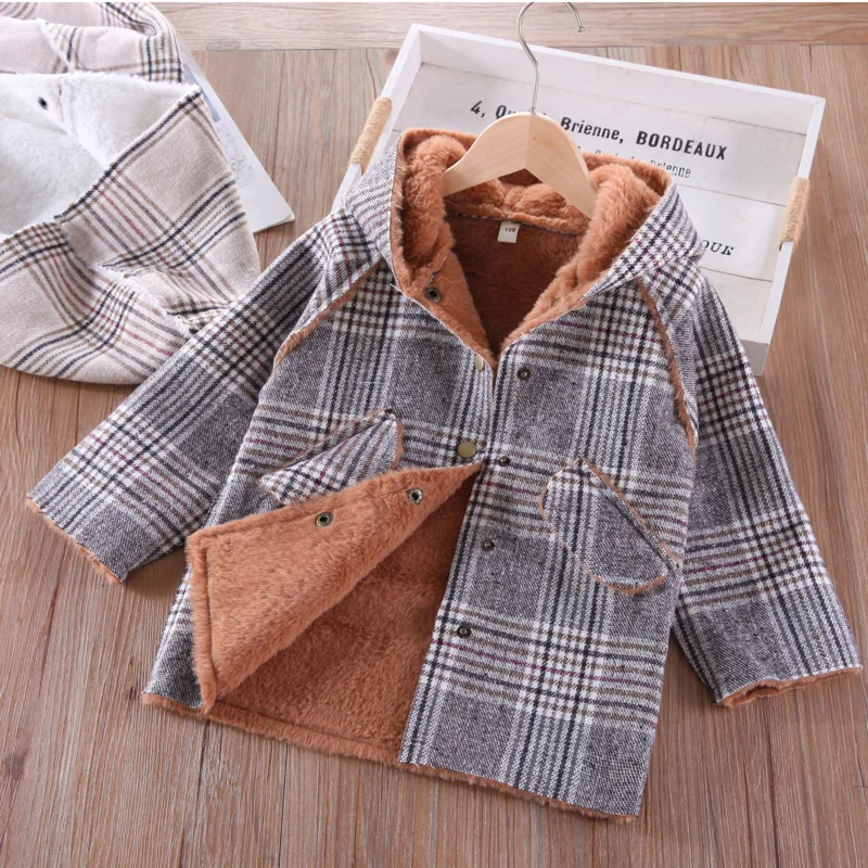 Детская твидовая клетчатая куртка для девочек утепленное пальто с бархатной