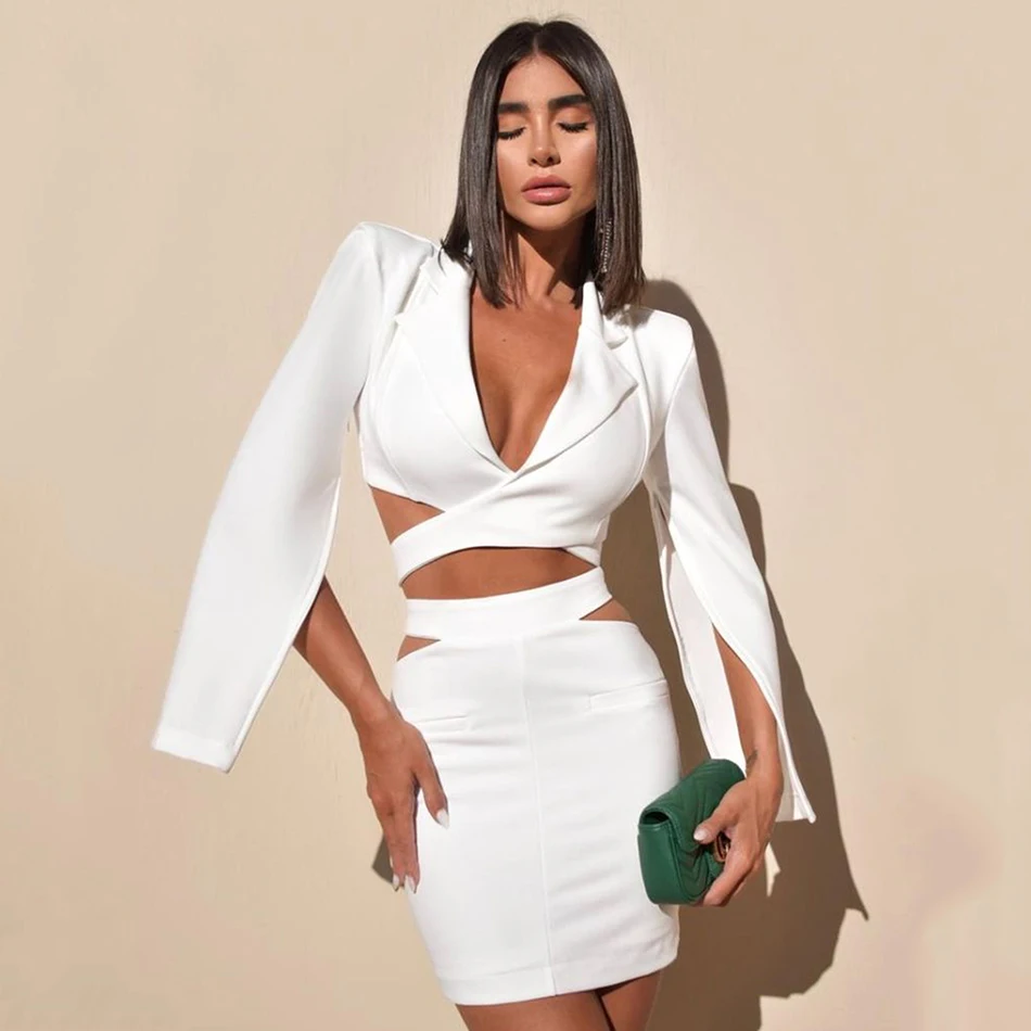 White 2 Two Pieces Sets Clothes For Women Sexy V Neck Tops & Mini Skirt 2021 Autumn Winter Hollow Long Sleeve Club Party Set