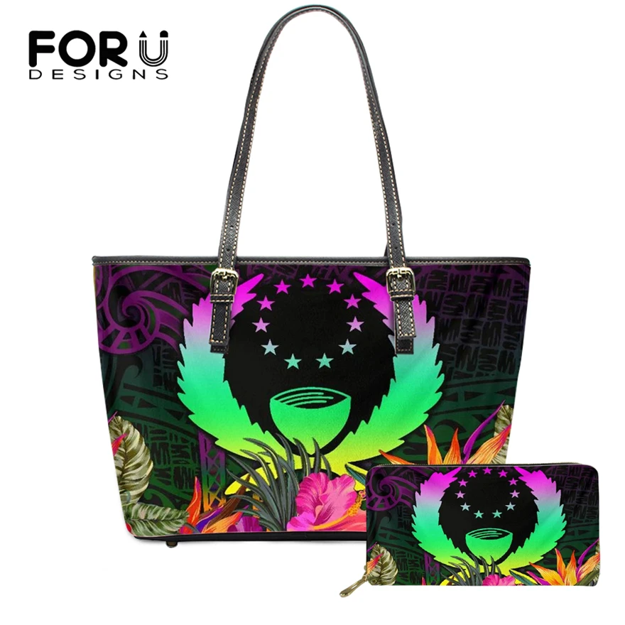 

FORUDESIGNS Women Leather Handbag Pohnpei Hawaii Floral Print Ladies Handbags 2pcs Sets Famous Brands Designer Shoulder Tote Bag