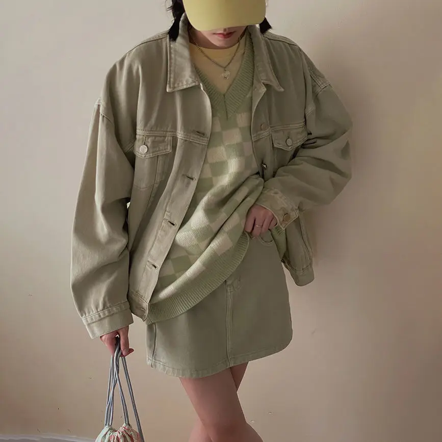 

2021 New Large Size Korea Solid Denim Jacket Coat + Mini Jean Skirt Outfits Fashion Women Suit Office Two Piece Set