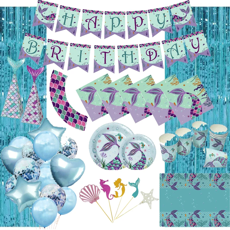 

Набор для вечеринки счастливой русалки, бумажные стаканчики, латексные шары, украшения для вечеринки в честь будущей мамы