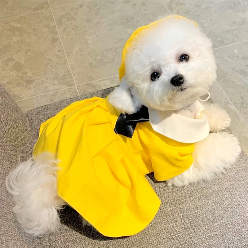 Yellow Dog Skirt Summer Thin Clothes Puppy Couple Outfit Bow Tie Pullover Fashion Pet Dress With Hat XS-XL |