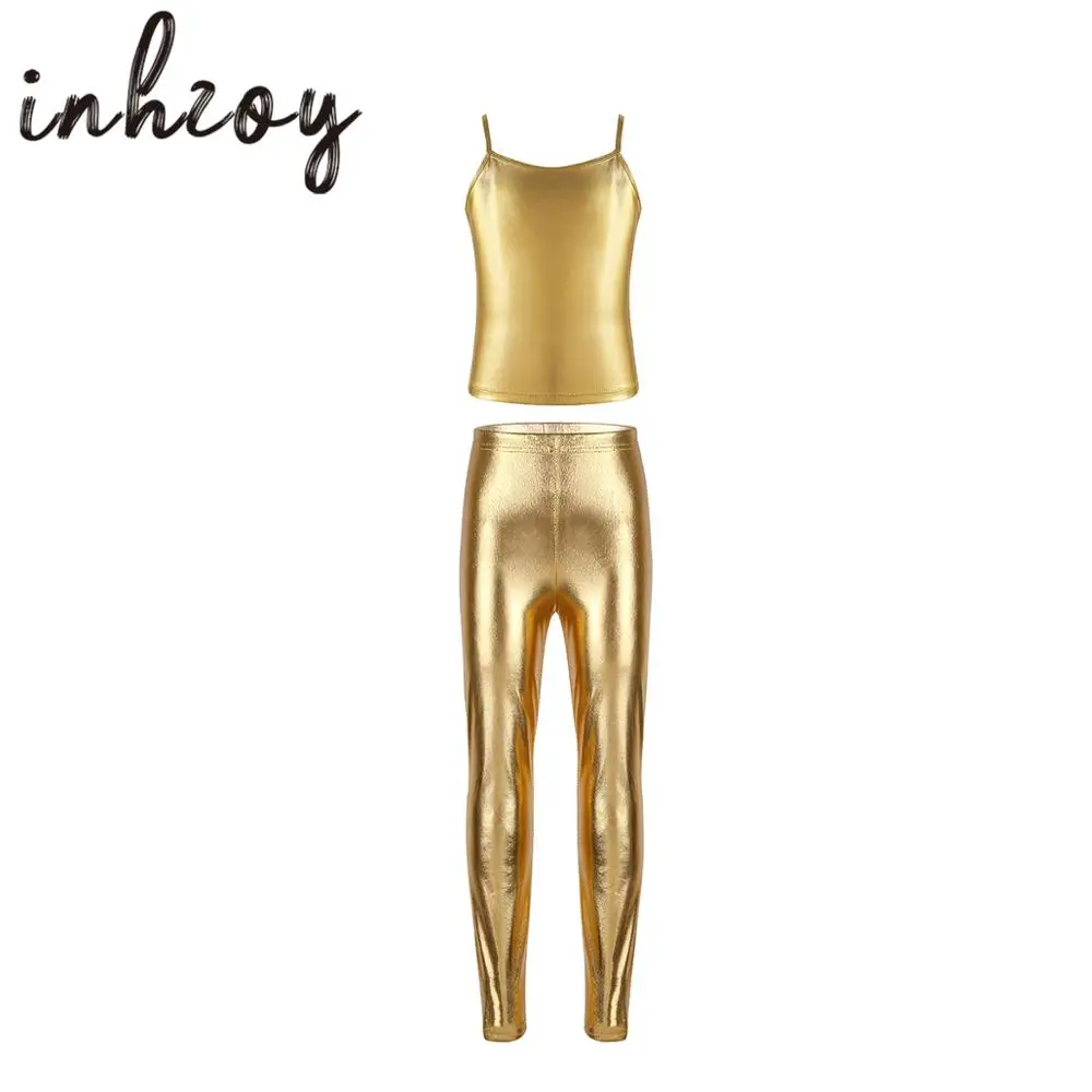 

Kids Girls Jazz Dance Costume Shiny Metallic Tank Tops With Leggings For Ballet Dance Stage Performance Workout Clothes Set