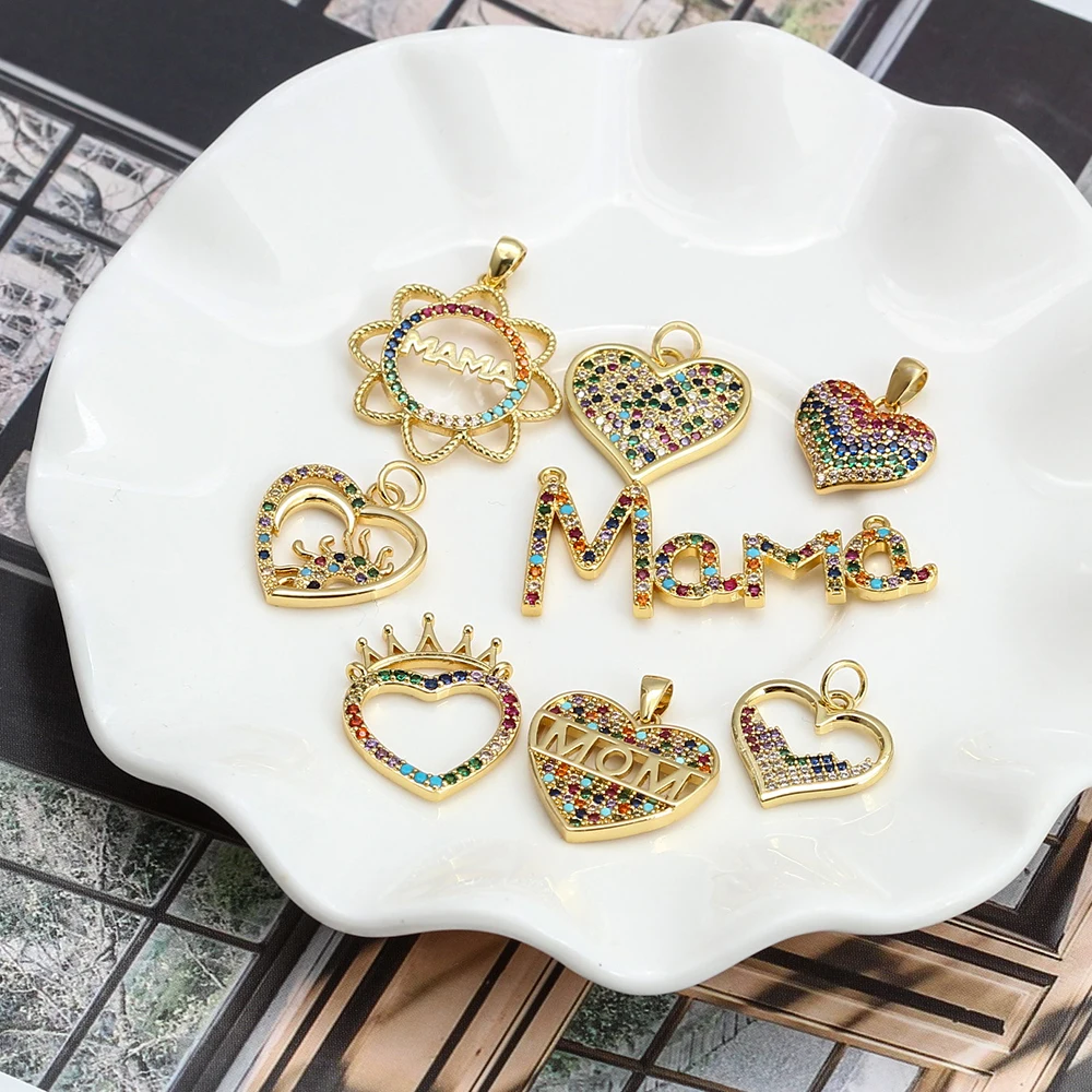 Meibeads Colorful Zirconia Stone Gold Plated Pendant for Jewelry Making Heart Charm Crown Mom DIY Accessories Fit Necklace 2022
