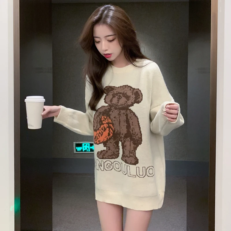 

2020 Winter Cartoon Bear Sweater Women 's Loose -Fit Korean Hong Kong Style Non-Mainstream Sense Of Design