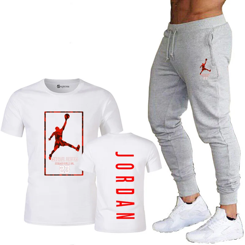 

2021 new summer men's sportswear suit short-sleeved casual sportswear T-shirt + trousers patchwork fitness slim sportswear