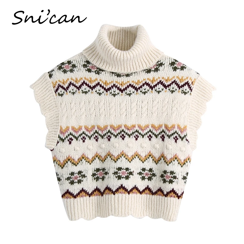 

Snican Paisley Sweater Vest Za Tops 2021 Spring Turtleneck Sleeveless Crop Tops Vintage Pullover Ladies Pull Sans Manches Femme