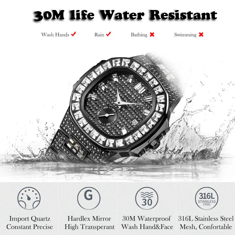 

Black Men's Watch Rectangular Luxury Brand Watches Diamond Man Hip Hop MISSFOX Ice Out Waterproof Dropshipping 2021 Men reloj