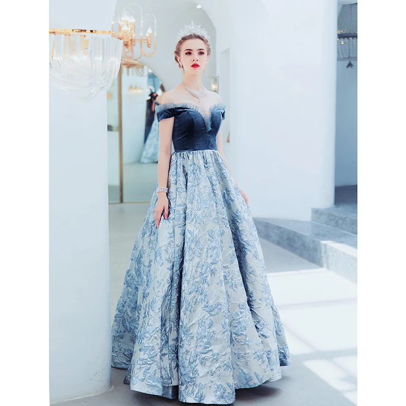 Женское вечернее платье до пола SSYfashion велюровое длинное синее с вырезом лодочкой