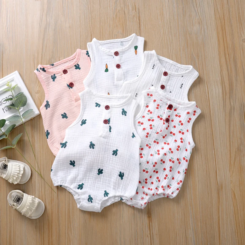 

2020 Newborn Baby Girls Boys Bodysuit New Sleeveless Cotton Cute Pattern Jumpsuit Summer Children Clothes Tops 0-2Y