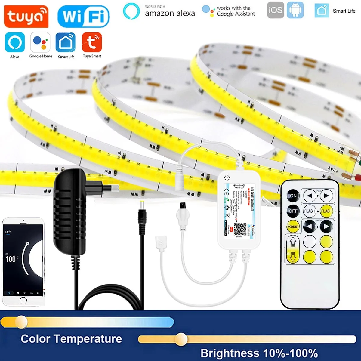 

Tuya WiFi APP+RF Remote Control 640Leds/m CCT COB LED Strip Kit Voice/APP/Remote Control LED Decoration Set fo Alexa Google Home