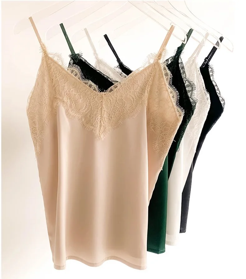 

Silk Tank Top Women Blusas Sexy V Neck Basic Tops Casual Womens Vest Camisole Lace Crop Tops Female Shirt Summer Cropped 2021