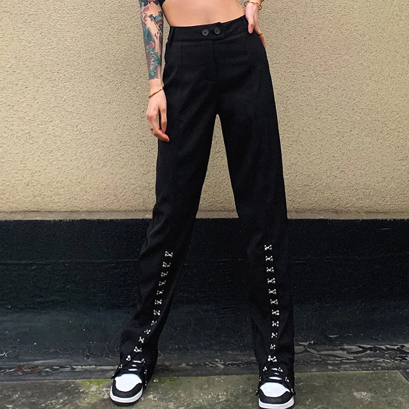 

Fashion Vintage Gothic Women's Solid Color Loose Split Wide Leg Pants Y2k Trousers Bow Casual Pants Flare Pants Goth Streetwear