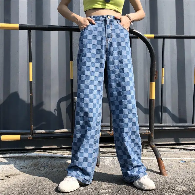 

Pants Plaid Pattern Wide Leg Pants Loose Long Women Pant Fashion Blue Jeans Cargo Pants Streetwear Hipster Straight Pants
