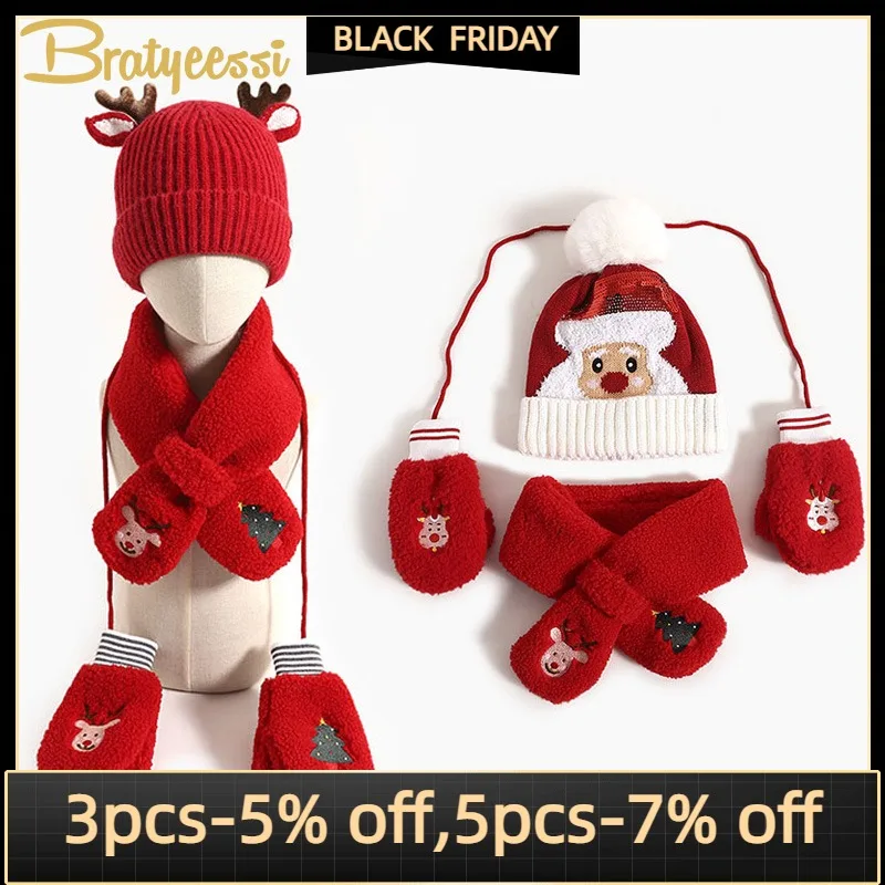 

3PCS Christmas Set Baby Hat Scarf Gloves Kids Beanie for Girls Cute Cartoon Knit Baby Boy Cap Warm Snow Children Hats Gift 2-5Y
