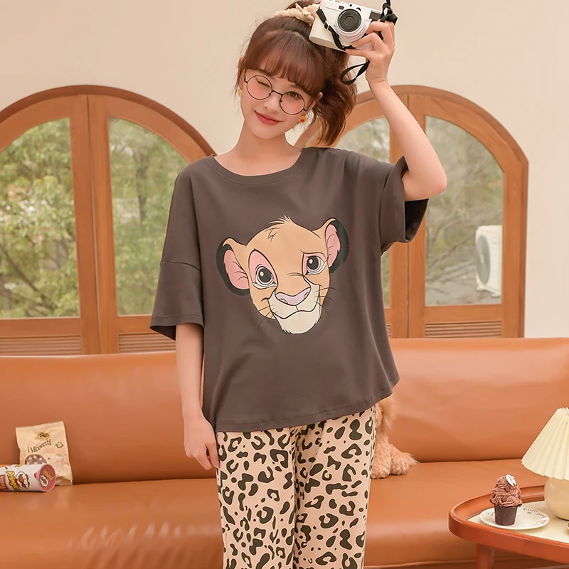 Summer Cotton Pajamas Women's Short Sleeve Pants Lion King Simba Leopard Print Kawaii Cartoon Loose Home Suit Pajama Sets Women