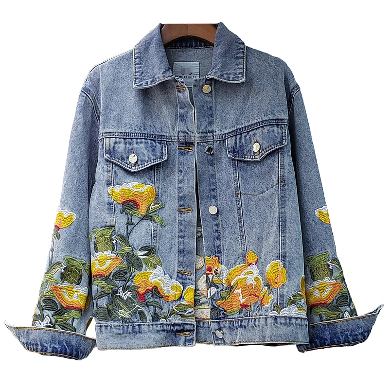 

Women's Spring 2021 Loose Denim Jean Jacket Windbreaker Versatile Embroidery Flower Vintage Za Streetwear Harajuku Basic Clothes