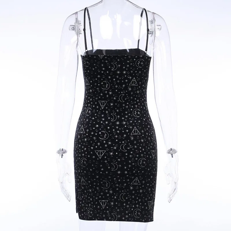

Vintage Black Sexy Spaghetti Straps Dress Women Gothic Moon Stars Print Retro Mini Dress Streetwear Slit Bodycon Female Dresses