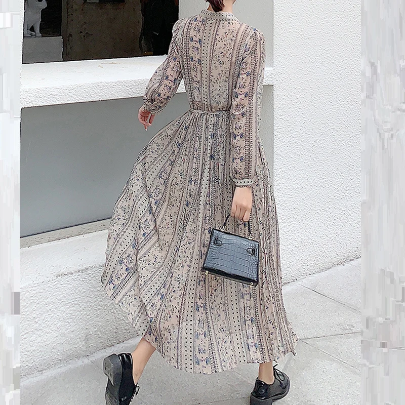 Женское шифоновое платье с круглым вырезом длинным рукавом|Женские платья| |