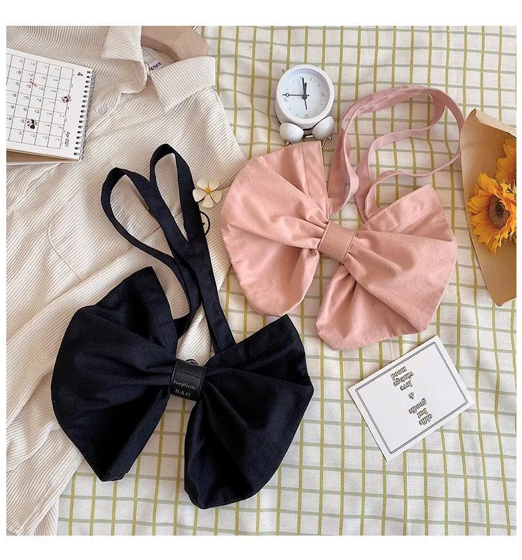 

Ladies Canvas Shoulder Bag Female Japanese College Style Cute Bow Tote Bag 3 Way Grocery Bag for Women Casual Student Book Bag