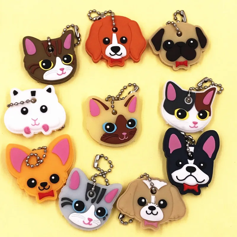 10Pcs/lot Cartoon Cute Key chain Women Man Cover Cap PVC Animal Kids Ring Cat Character Key Holder Dog Icon Keychains - купить по