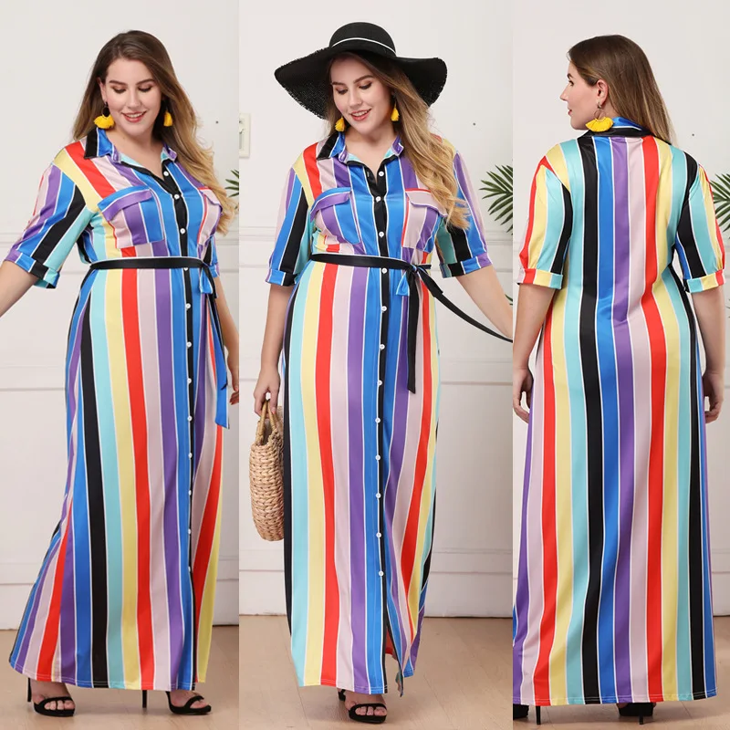 Женское платье в полоску на пуговицах длинное многоцветное большого размера с