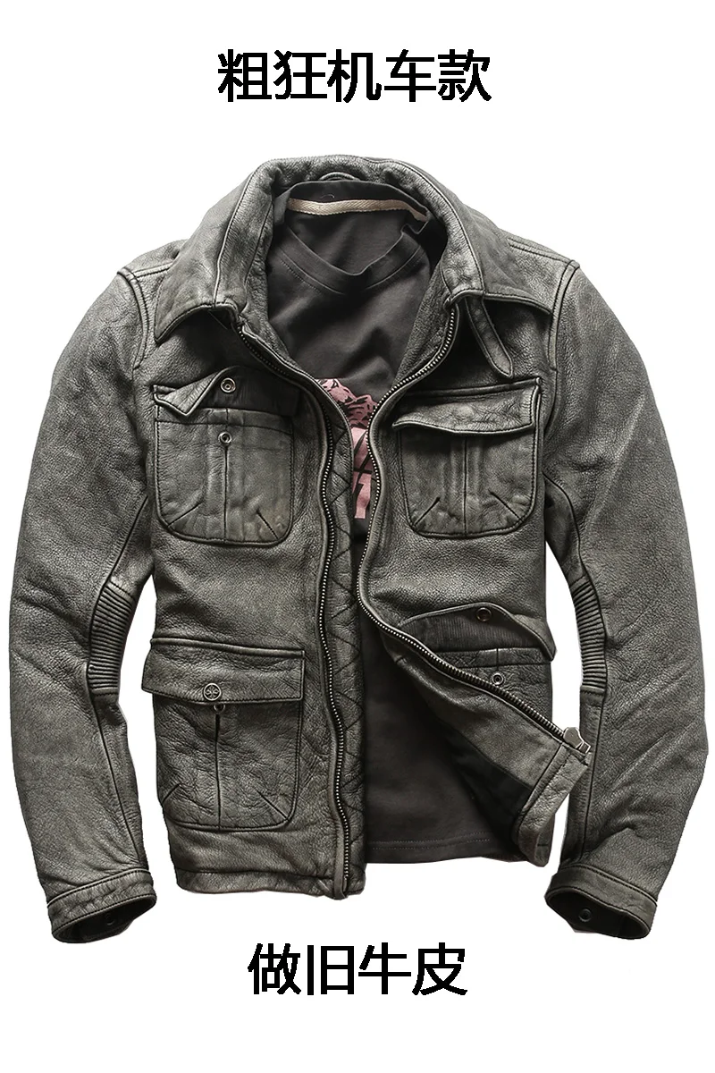 AVFLY men's vintage genuine leather jacket with pockets do old cow leather biker jacket men gray M65 motorcycle jacket male