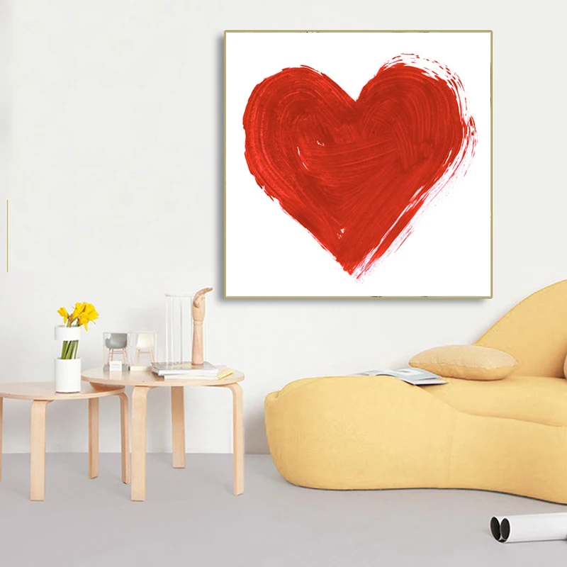 Романтическая Красная Картина на холсте с сердечками акварелью свежими