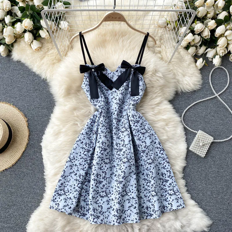 

WEIHAOBANG 2021 New Summer Women's Sexy Spaghetti Strap Bow Print Flower Dress Ladys V Neck High Waist Sleeveless Dresses