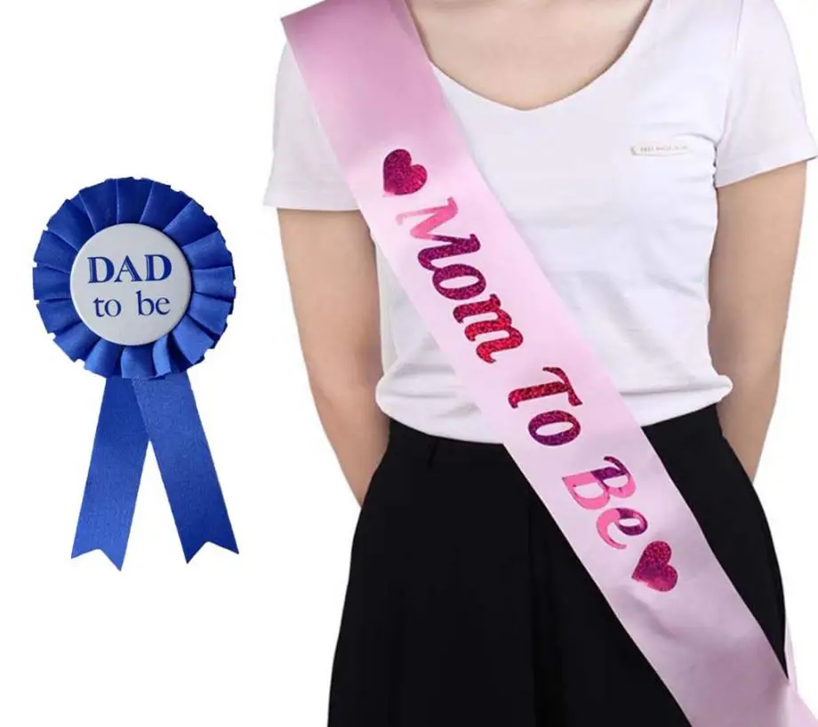 

Baby Shower Party Shine Mom To Be Sash With Heart Dad To Be Tinplate Badge Light Pink Blue Diy Decorations 100pcs/lot