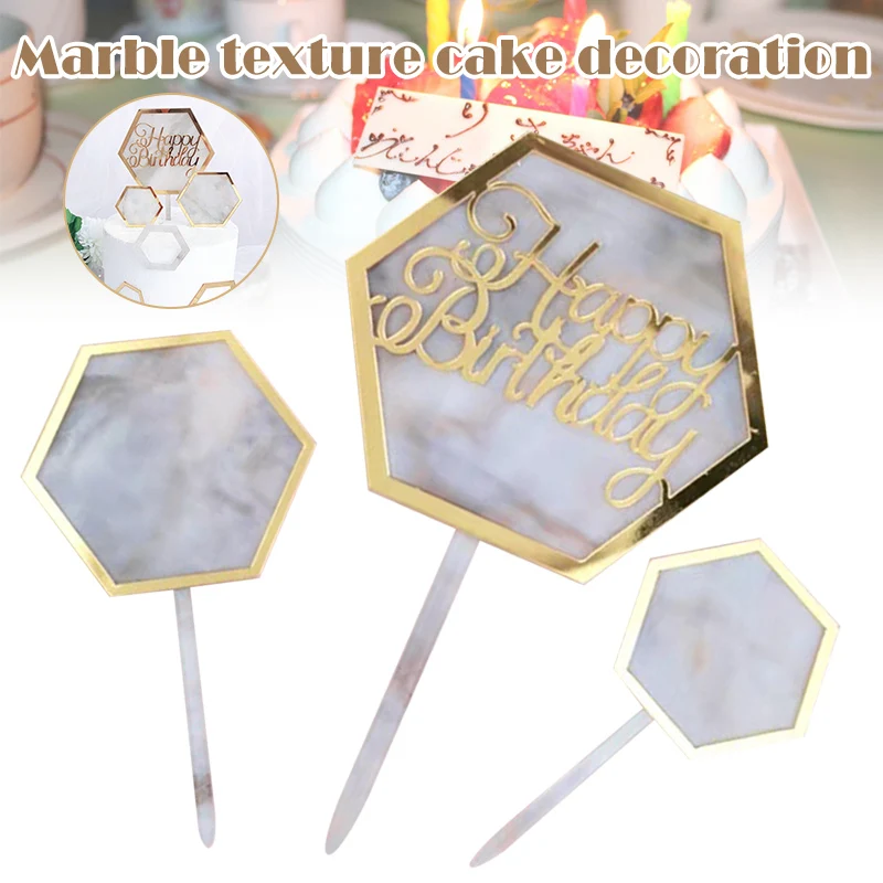 

Hot Hexagonal Cake Topper Marble Texture Acrylic Birthday Party Cake Decoration MVI-ing