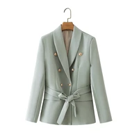 2022 office lady green casual blazer autumn spring long sleeve metal double breasted slim women suit jacket with sashes